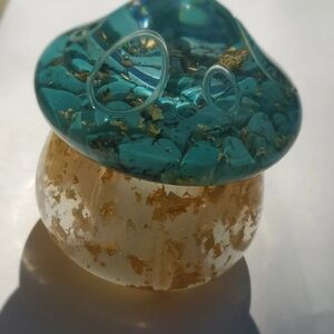 Turquoise and gold mushroom trinket jar. Made of epoxy.